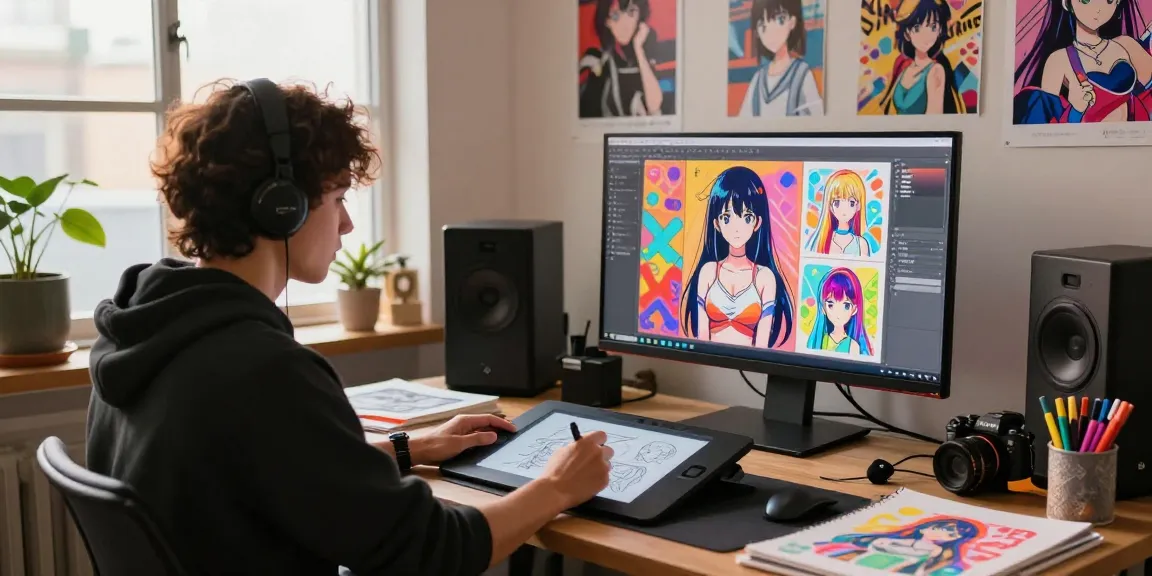 Creative artist generating ecchi AI art in a vibrant studio, surrounded by digital artwork.