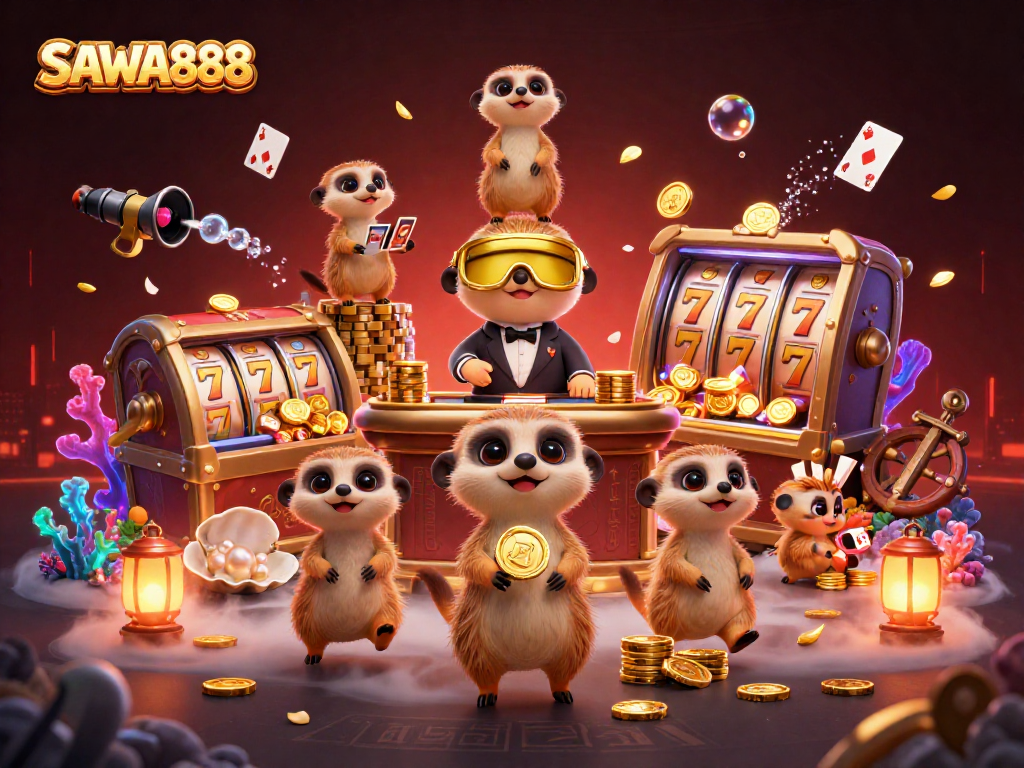 Engage in thrilling gameplay at SAWA888 featuring cartoon meerkats operating an exciting casino.