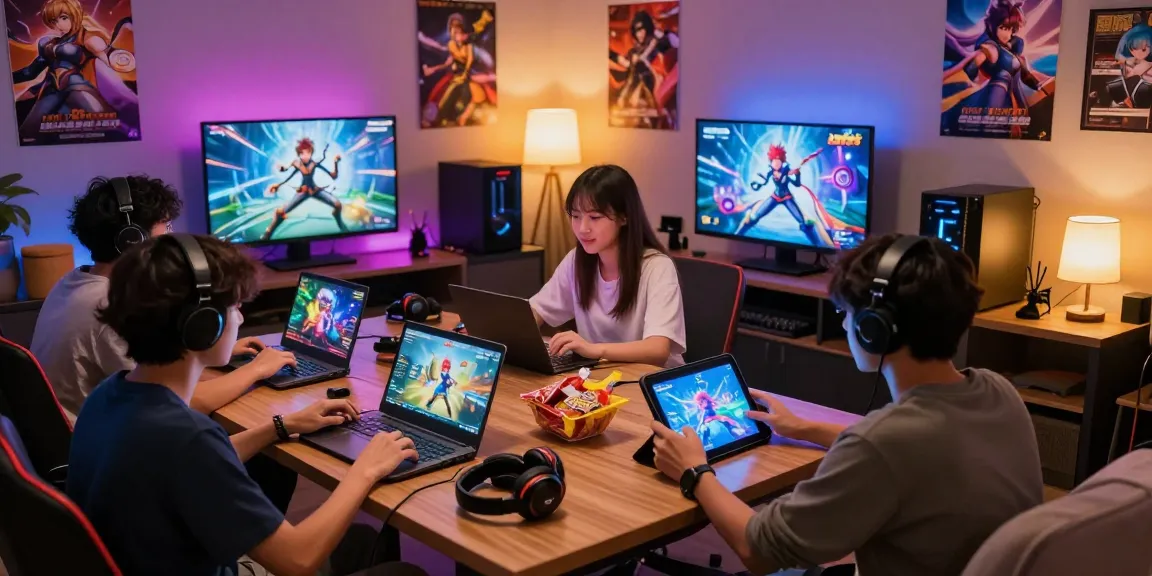 Friends enjoying ero games together in a lively gaming lounge with diverse devices and vibrant atmosphere.