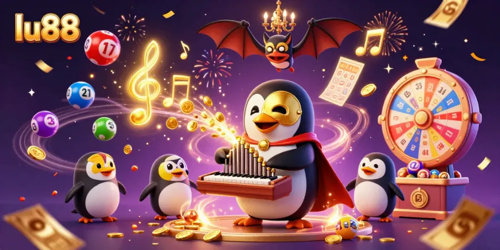 Experience the excitement of lu88 with a vibrant 3D casino scene featuring a masked penguin and magical elements.