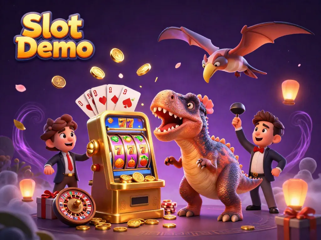 Experience Slot Demo action with dinosaurs in a dynamic casino scene as coins rain down.