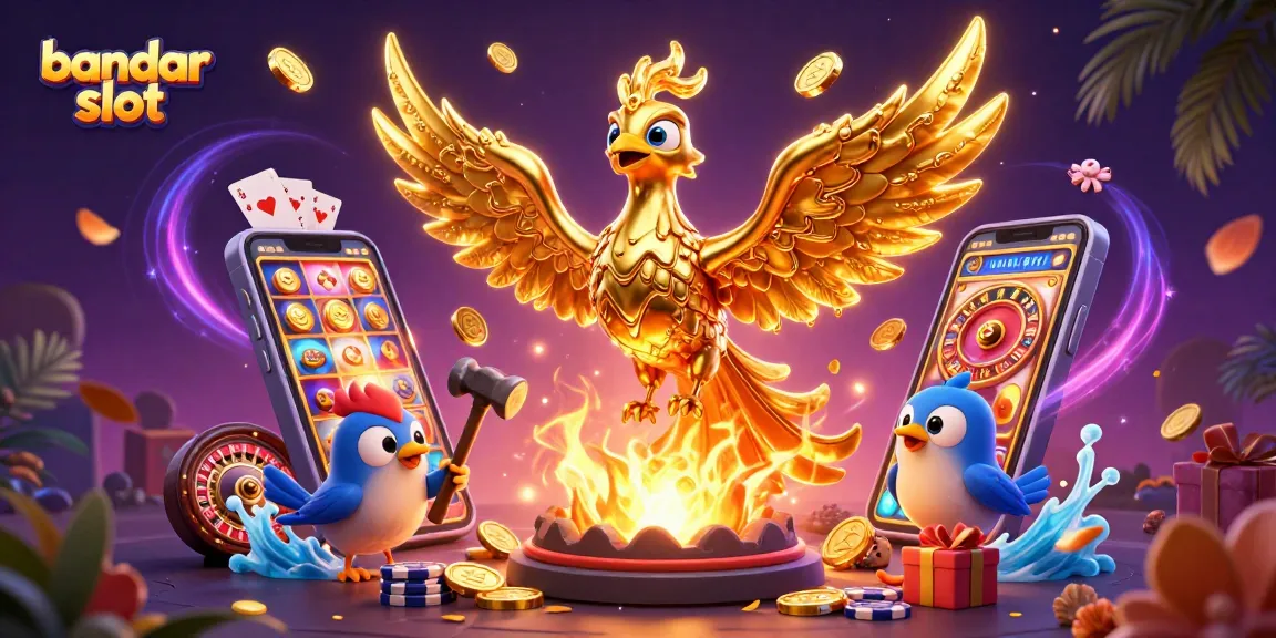 Engage with the thrilling world of bandar slot as gold coins shower from a 3D phoenix amidst dynamic casino elements.
