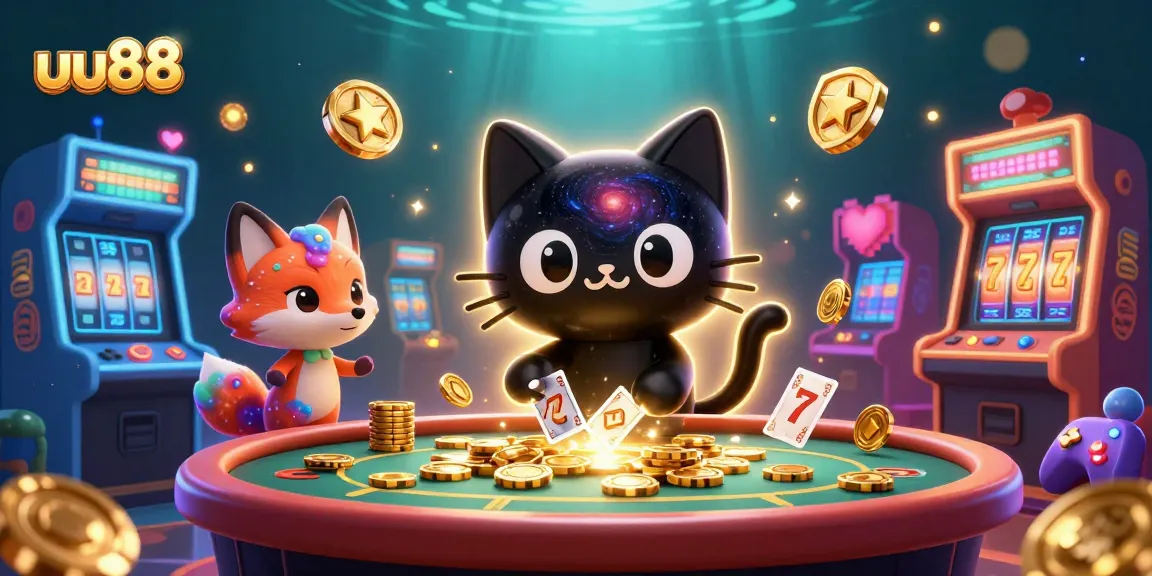 Engage in thrilling gameplay with uu88 as a cosmic cat attracts casino chips and cards at a vibrant gaming table.