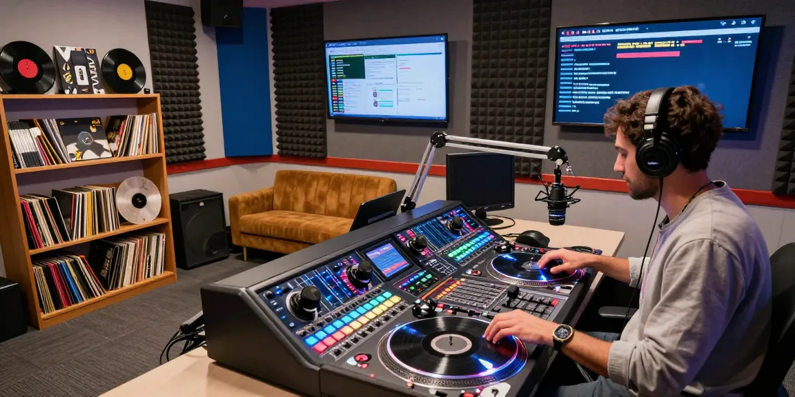 radio station order in an energetic studio with a DJ mixing tracks