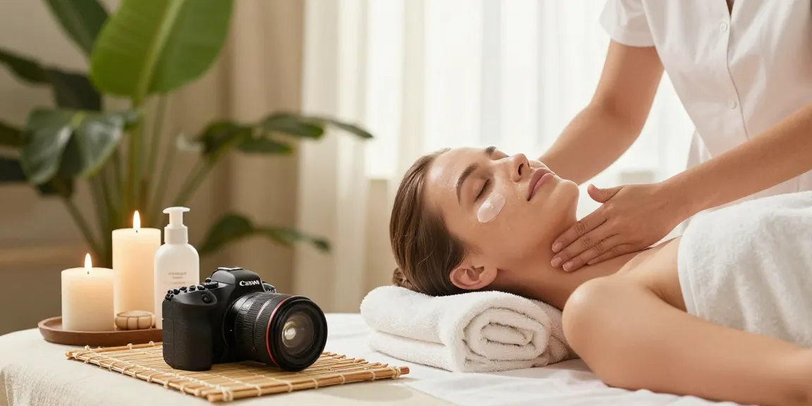Woman applying Vitamin Rich Facial Balm in a serene spa setting with natural skincare products.