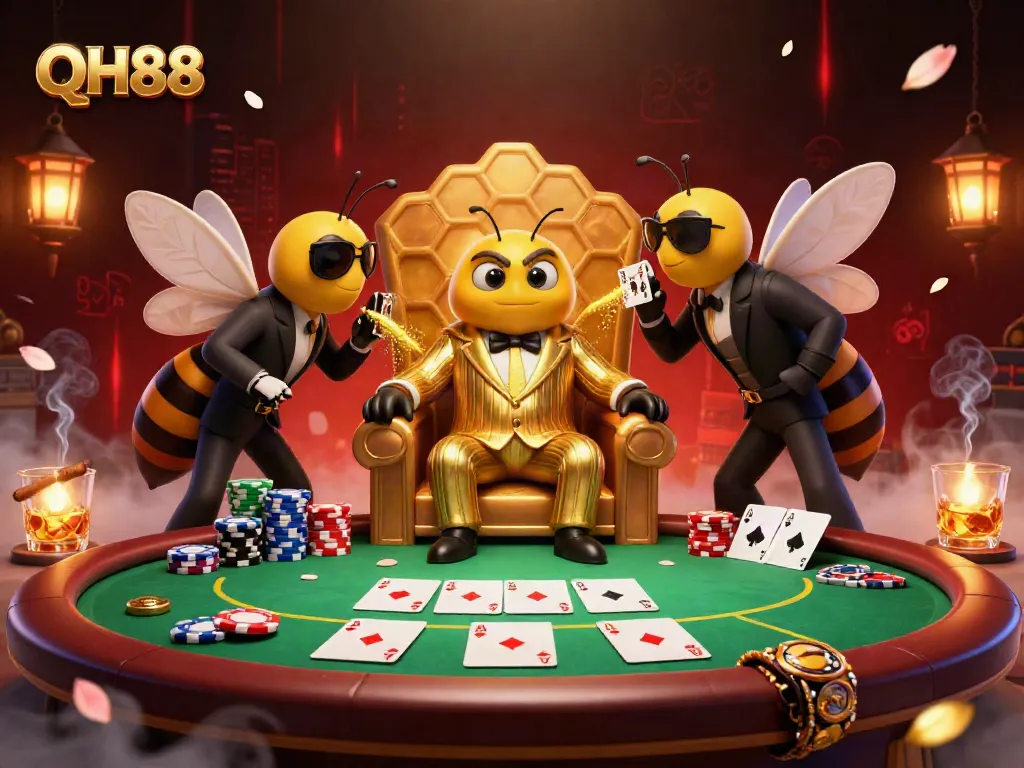 Engage at QH88 with a bumblebee mob boss in an ultra-detailed casino scene filled with vibrant poker elements and intrigue.