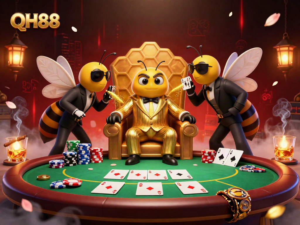 Engage at QH88 with a bumblebee mob boss in an ultra-detailed casino scene filled with vibrant poker elements and intrigue.