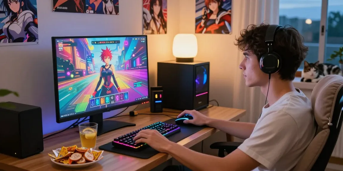 Engaged gamer playing a hentai game online in a cozy setup with anime decor.