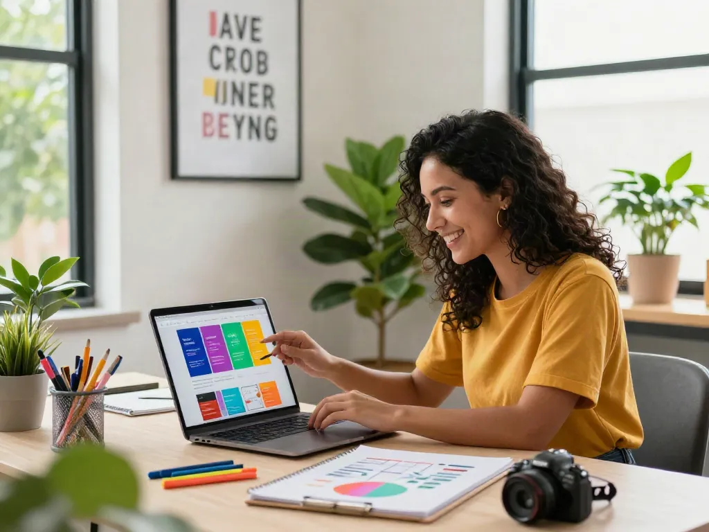 Sneak a peek at this web-site showcasing a vibrant workspace with a woman reviewing a colorful website design.